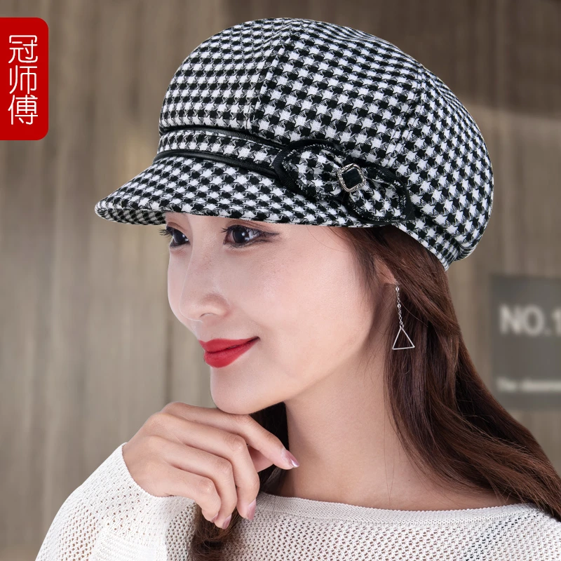 帽子女春秋季千鸟格八角帽韩版百搭贝雷帽显脸小方格纹画家帽报童