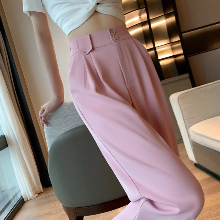 粉色西装裤春夏季女款高腰垂坠感直筒显瘦小个子宽松休闲阔腿长裤