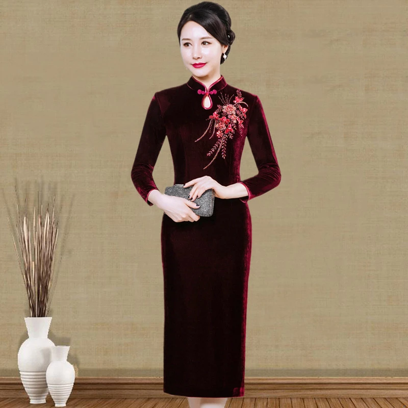 中国风高贵复古大码中年喜婆婆婚宴装结婚礼服裙金丝绒旗袍中长款