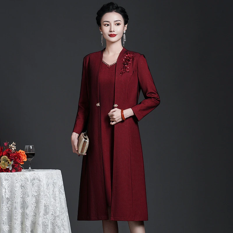 喜婆婆婚宴装两件套妈妈婚宴礼服酒红高端连衣裙结婚大码高贵年轻