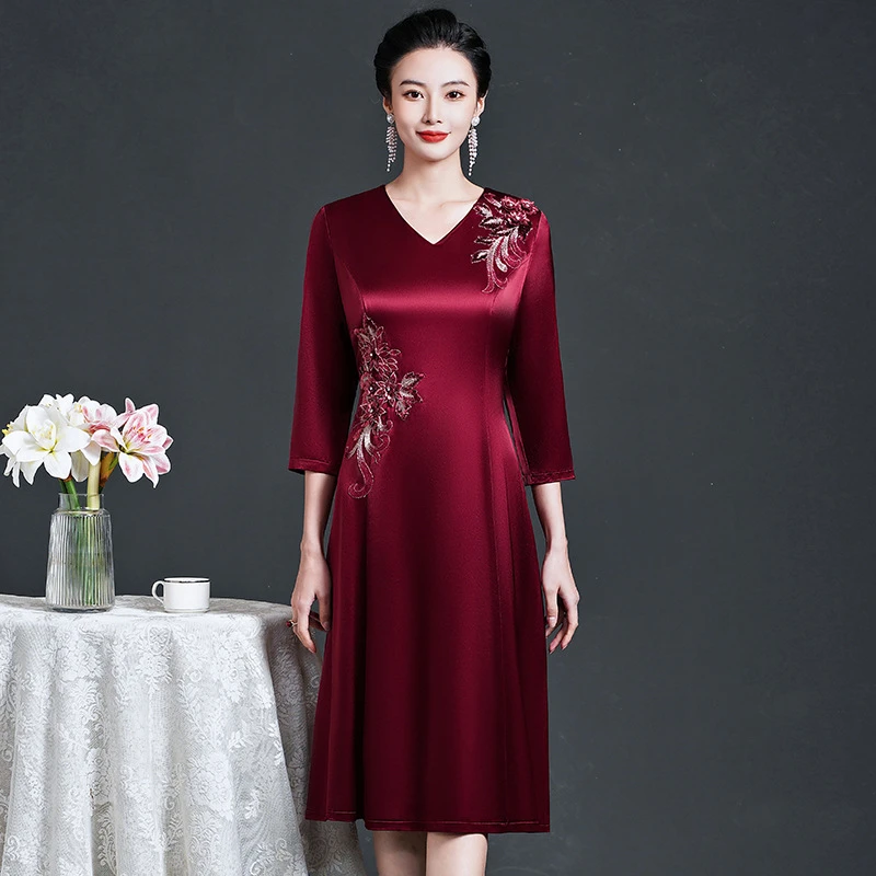 中年女士高档礼服喜婆婆婚宴装旗袍高贵大码结婚妈妈装连衣裙春秋