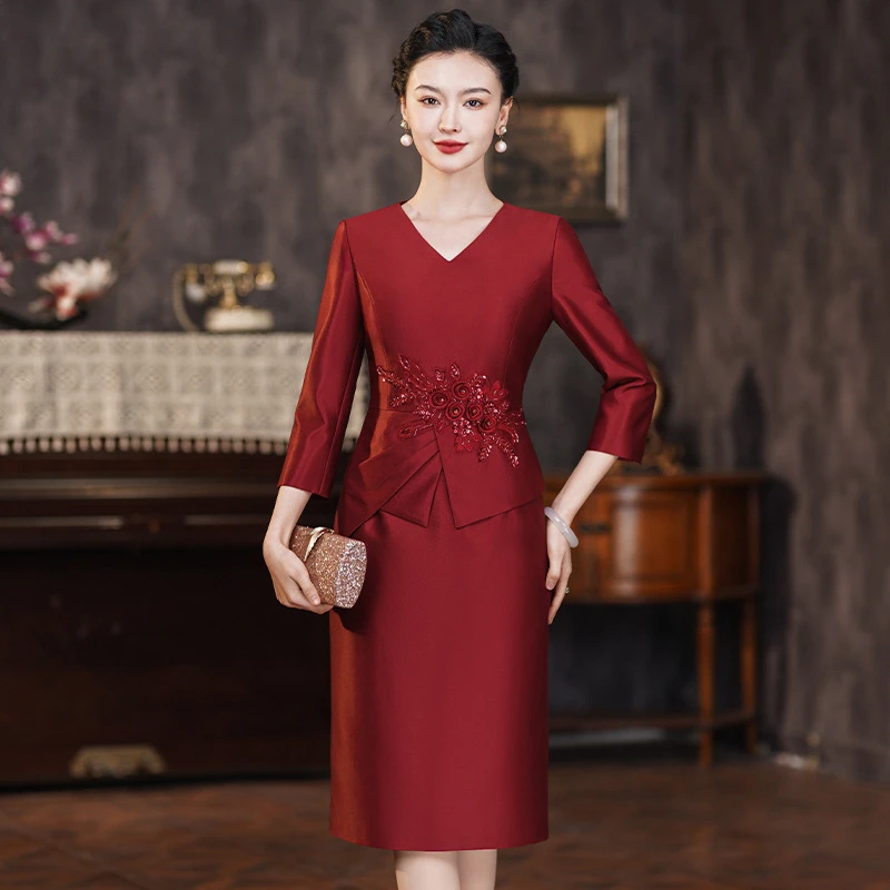 高贵假两件红色优雅气质喜婆婆连衣裙年轻款中年妈妈显瘦婚宴礼服