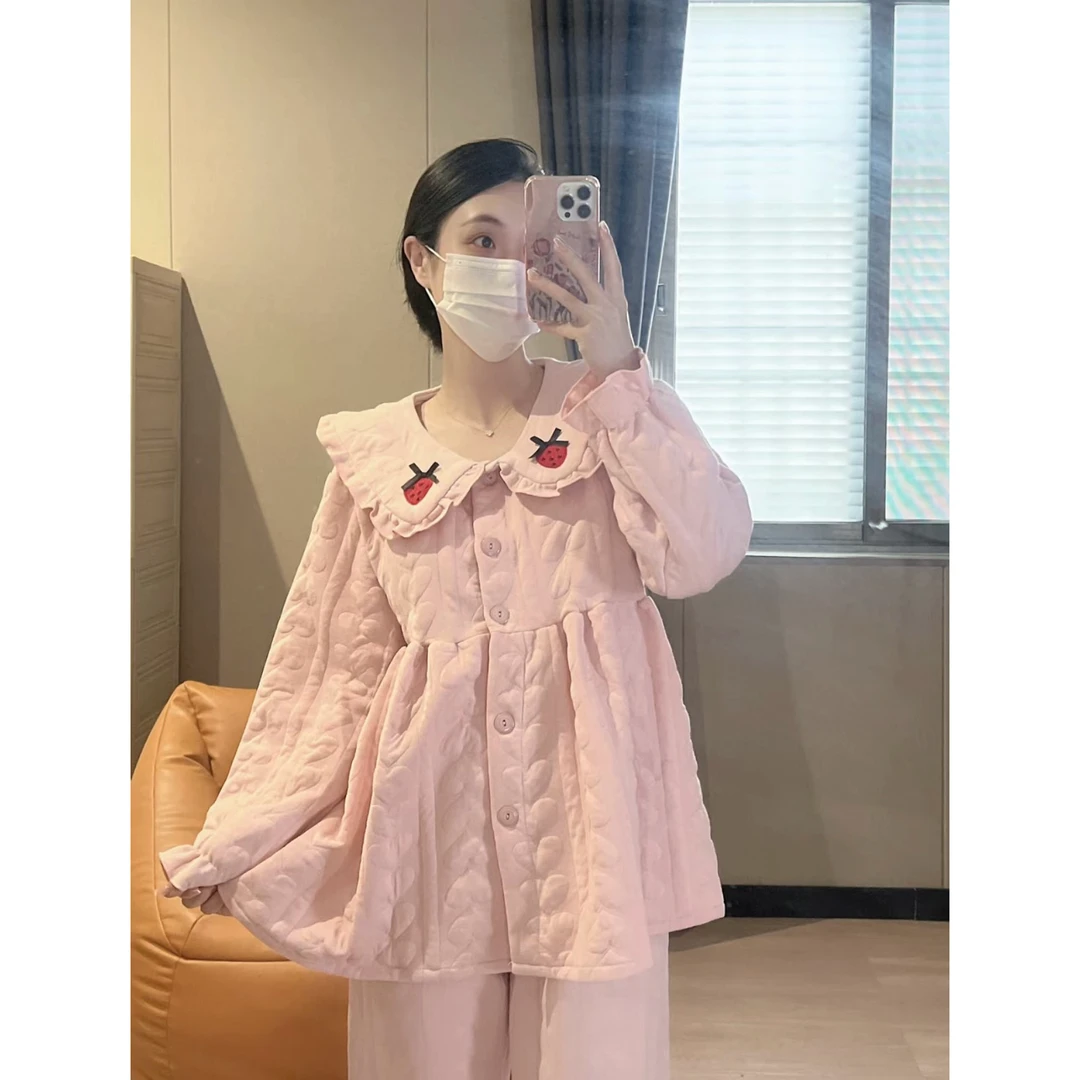 秋冬10月份月子服草莓空气棉孕妇产后哺乳睡衣加厚喂奶套装家居服