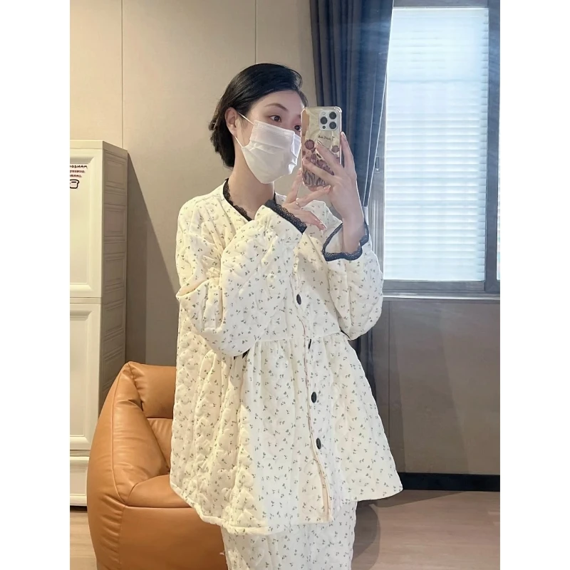 秋冬10月份小碎花月子服空气棉孕妇产后哺乳衣加厚喂奶套装家居服