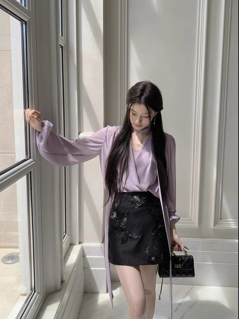 JUJU葡萄气泡水 紫色衬衫显白上衣黑色立体花半身裙短裙套装