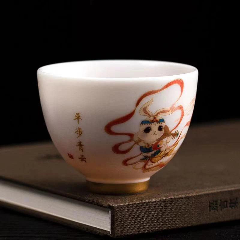 羊脂玉兔子主人杯单杯高端冰种羊脂玉瓷喝茶单个茶杯高档个人专用