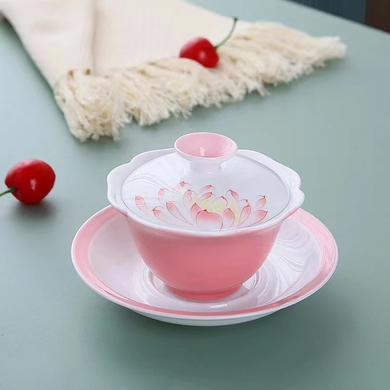 手绘羊脂玉三才盖碗可悬停泡茶白瓷单个悬浮敬茶茶杯陶瓷功夫茶具