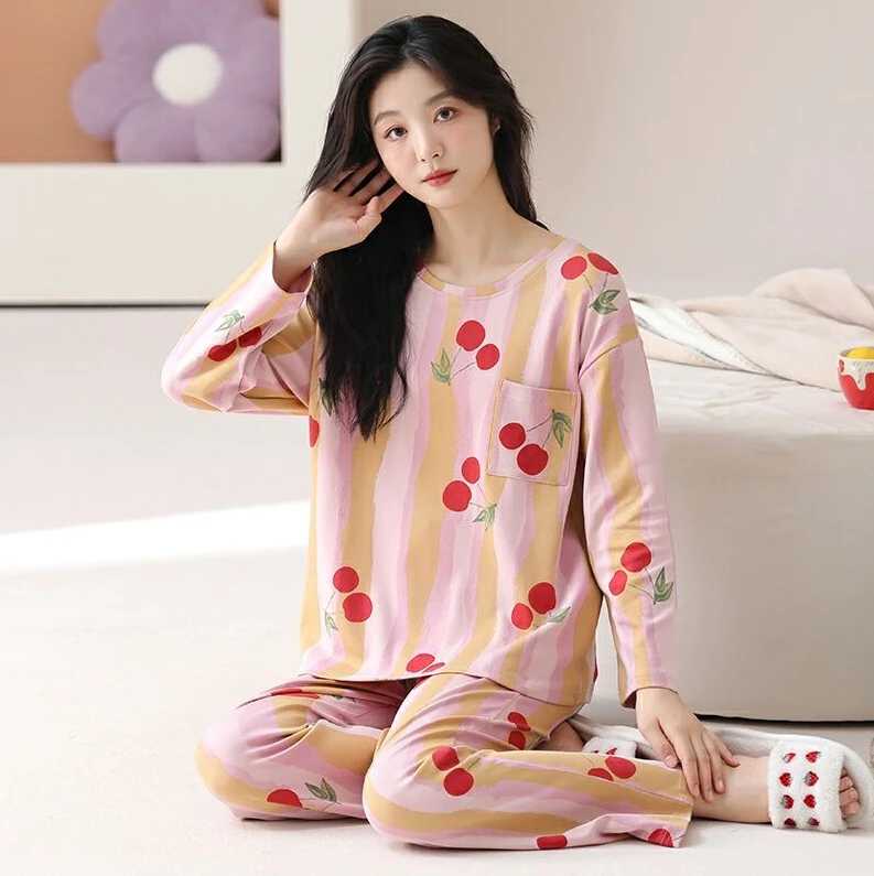 6516秋季带胸垫睡衣长袖长裤女休闲家居服套装YZT