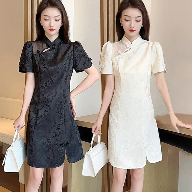 旗开得胜复古盘扣中国风收腰显瘦时尚气质泡泡短袖女装高端连衣裙