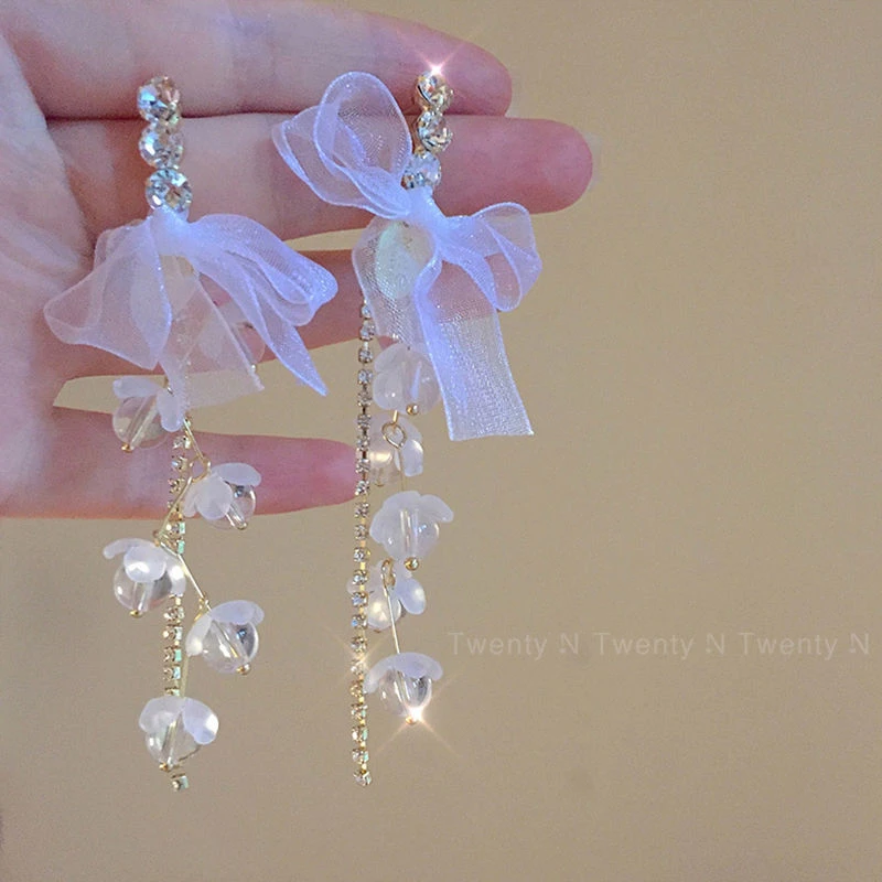 朝露花园~超仙网纱蝴蝶结耳环流苏长款耳饰温柔精致小众耳坠耳钉