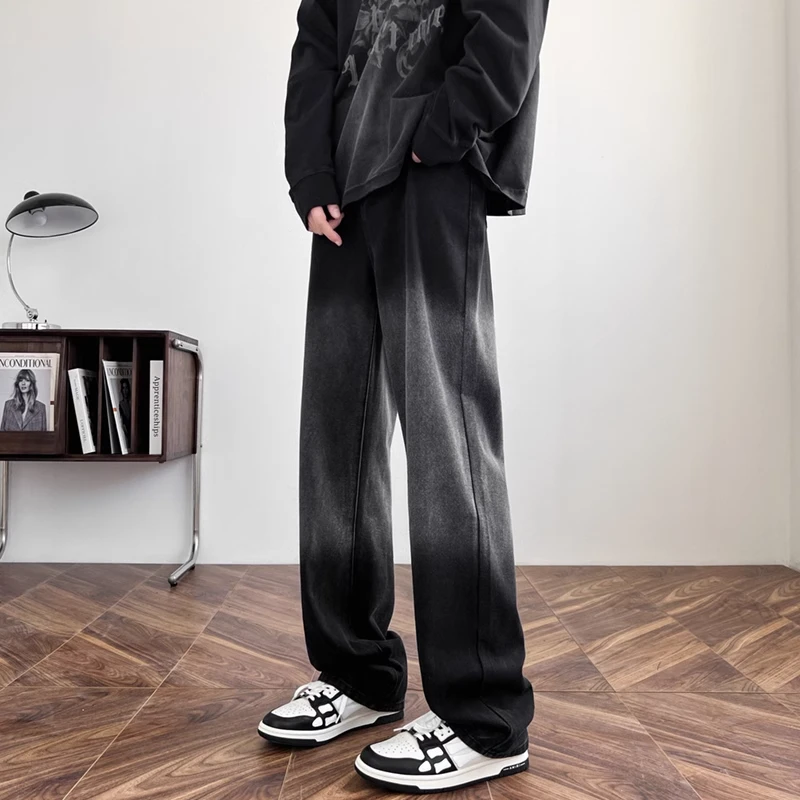 黑色渐变牛仔裤男夏季薄款美式高街潮牌直筒宽松阔腿炸街痞帅裤子