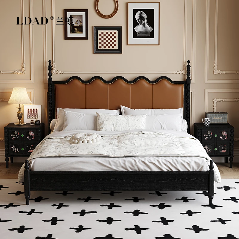 兰顿法式复古实木床真皮软包床1.8米x2米主卧大床中古风法式床
