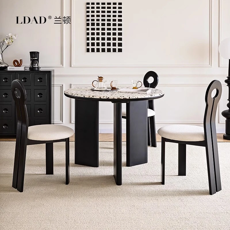 兰顿法式复古高级感大理石餐桌椅组合小户型家用水磨石圆形洽谈桌