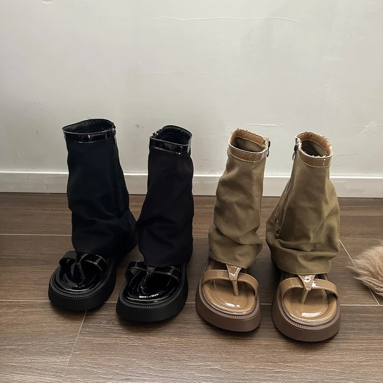 甜酷设计感裤管靴女2023夏季新款短靴厚底夹趾罗马凉鞋复古凉靴子