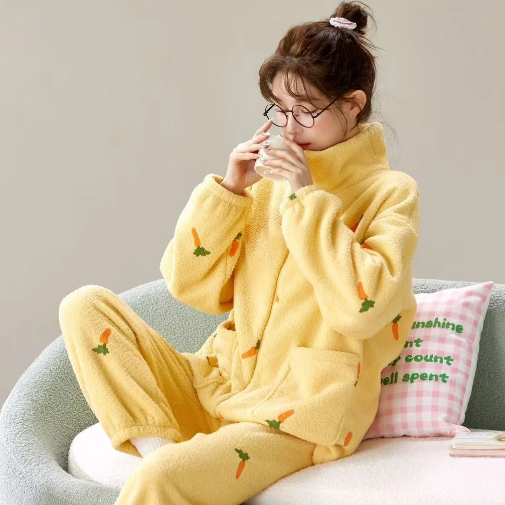 冬季半边绒加厚家居服卡通可爱款拉链套头经典百搭保暖加绒