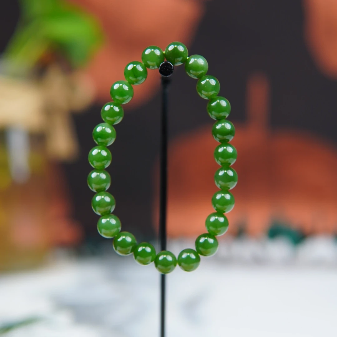 和田玉碧玉手串手链卡8无黑点男女款单圈妈妈时尚绿色女士菠菜绿