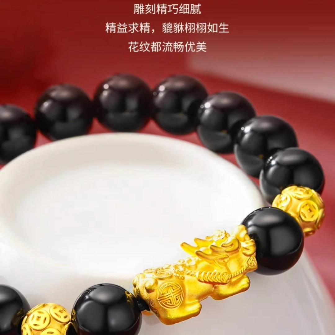 合金手链 情侣黑色貔貅花纹雕刻镶嵌手工轻奢时尚单圈精美手串