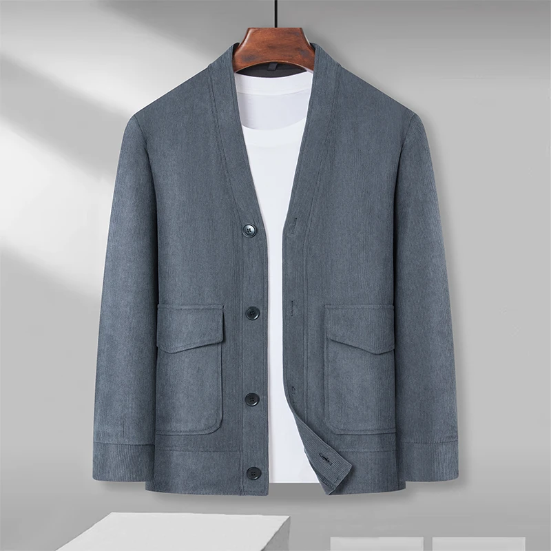 男装夹克外套V领长袖单排扣宽松型2024年秋季简约