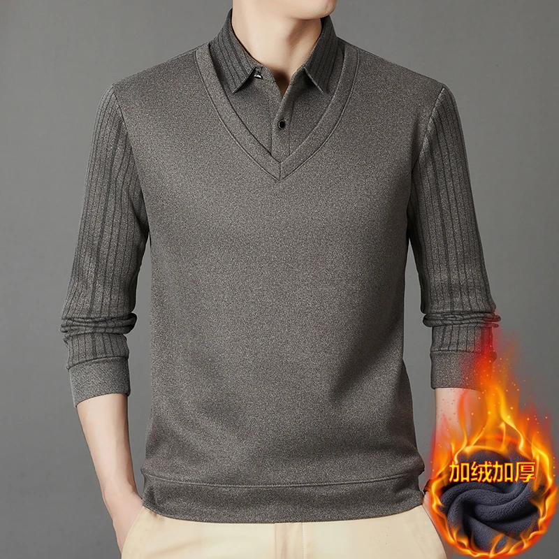 男装Polo衫长袖加绒款宽松型商务绅士2024年冬季新款