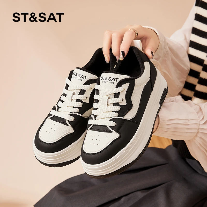 星期六真皮加绒板鞋黑白熊猫鞋厚底女鞋新款拼色棉鞋冬季小白鞋子