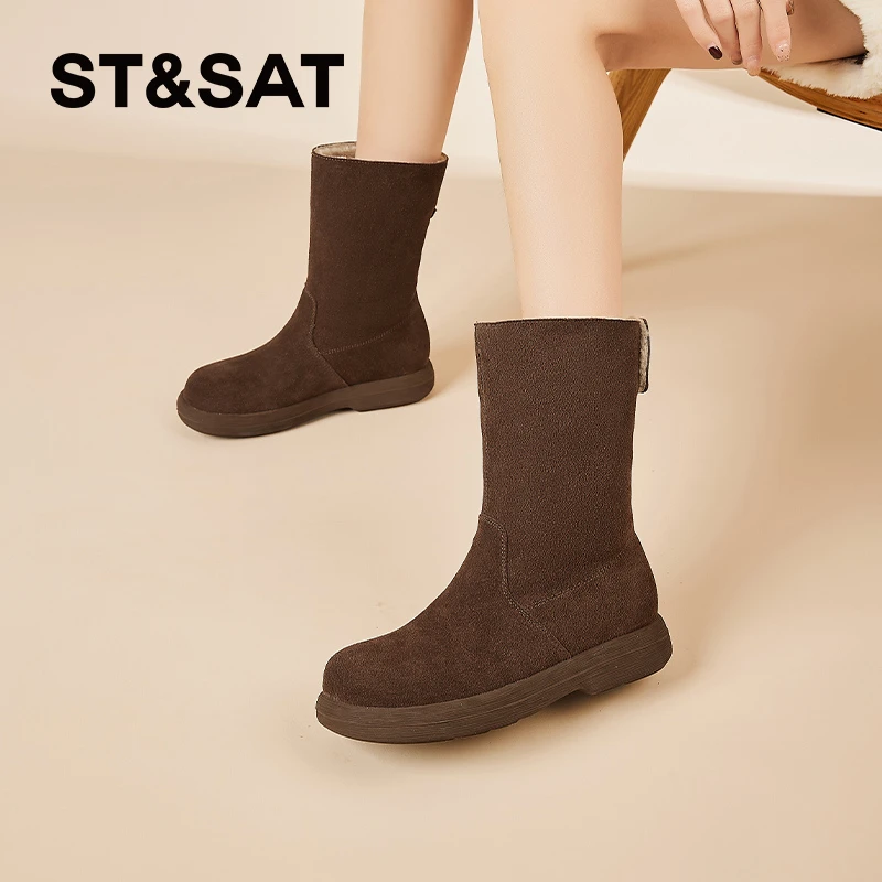 星期六真皮两穿勃肯翻毛短靴女靴2025冬季爆款加绒复古东北大棉鞋