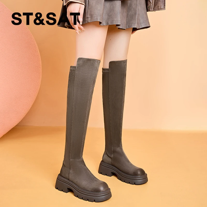 星期六厚底过膝长筒靴女2025新款秋冬增高显瘦弹力长靴高筒骑士靴