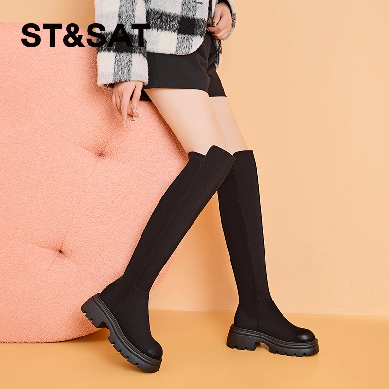 星期六真皮复古过膝长筒靴女靴2025新款秋季小个子增高弹力瘦瘦靴