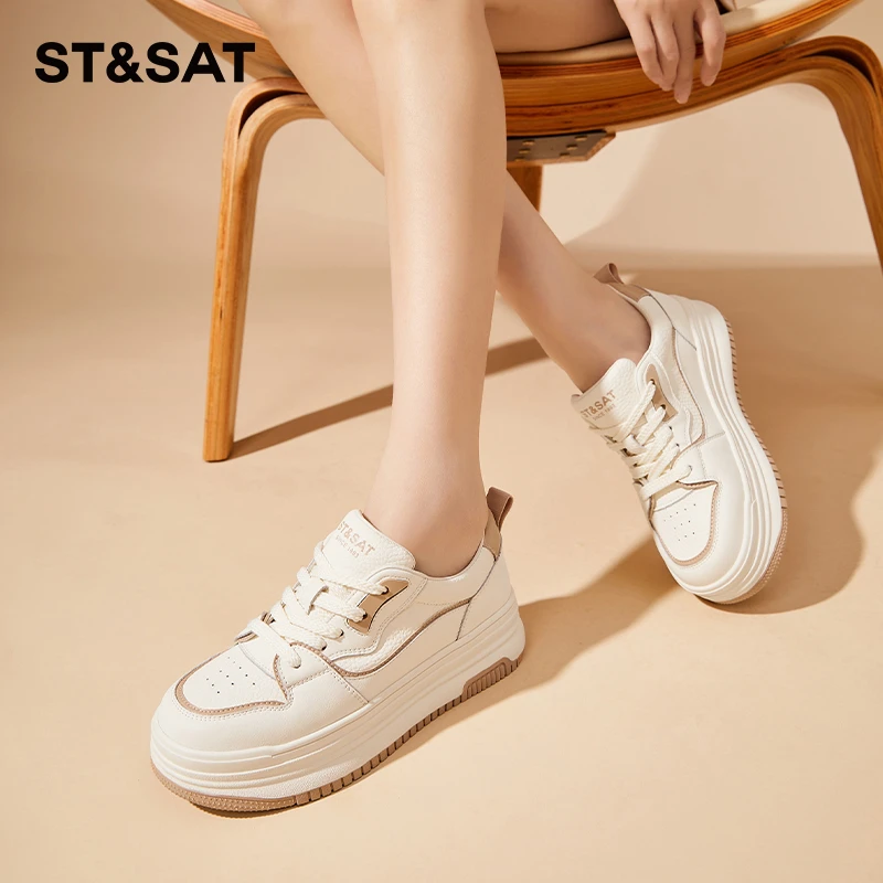 星期六加绒厚底板鞋女新款秋季真皮黑白熊猫鞋女款百搭休闲小白鞋