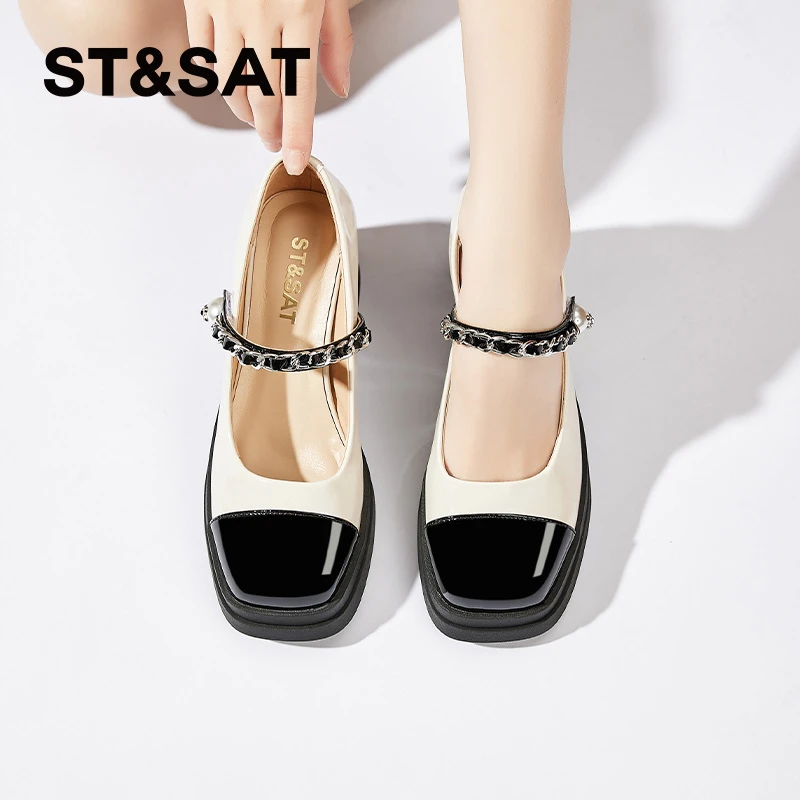 星期六7.5cm高跟拼色玛丽珍鞋羊皮方头粗跟单鞋2025春款复古女鞋