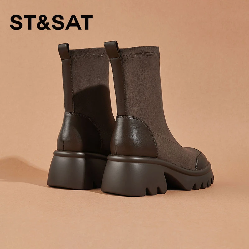 星期六6cm厚底增高棕色弹力靴瘦瘦短靴马丁靴2025秋冬季中筒袜靴