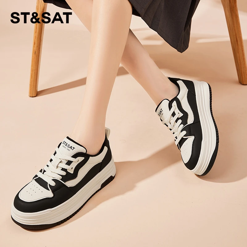 星期六真皮加绒板鞋女款黑白熊猫女鞋学生运动鞋厚底休闲小白鞋子