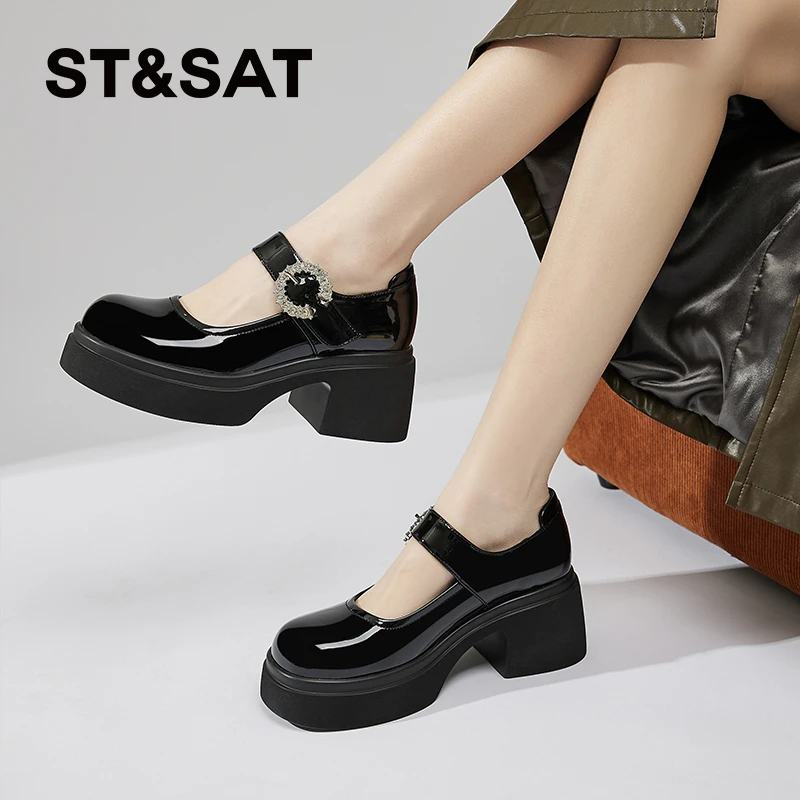 星期六休闲玛丽珍鞋女2025冬季新款厚底百搭一字扣水钻学院风单鞋