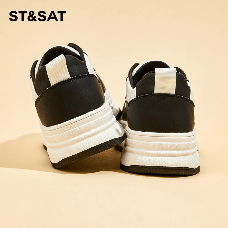 星期六真皮厚底小白鞋黑白熊猫鞋松糕鞋2025冬季百搭拼色板鞋女鞋