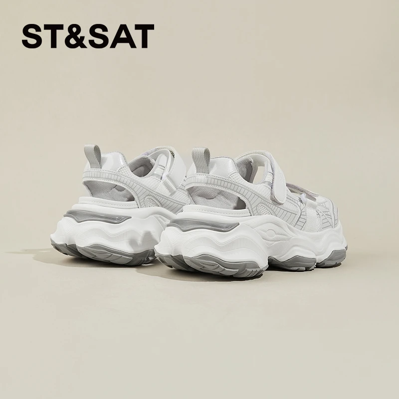 星期六厚底镂空透气休闲鞋6.5cm包头凉鞋老爹鞋女24秋网面小白鞋