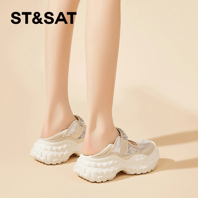 星期六6cm松糕厚底水钻玛丽珍女鞋2025新款秋季镂空透气运动凉鞋