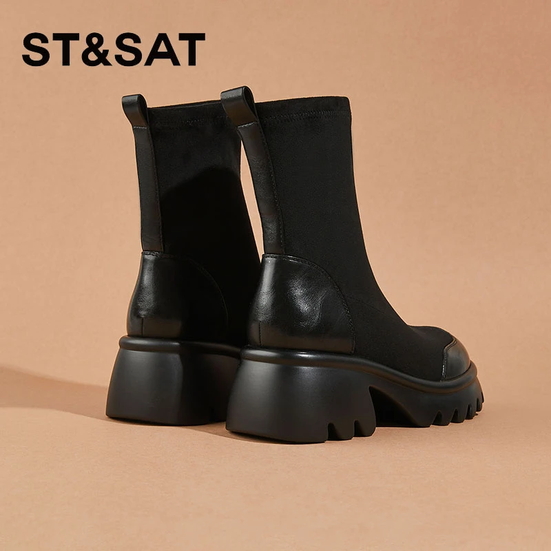 星期六6cm厚底弹力瘦瘦靴25冬季绒面马丁靴时尚中筒袜靴松糕短靴