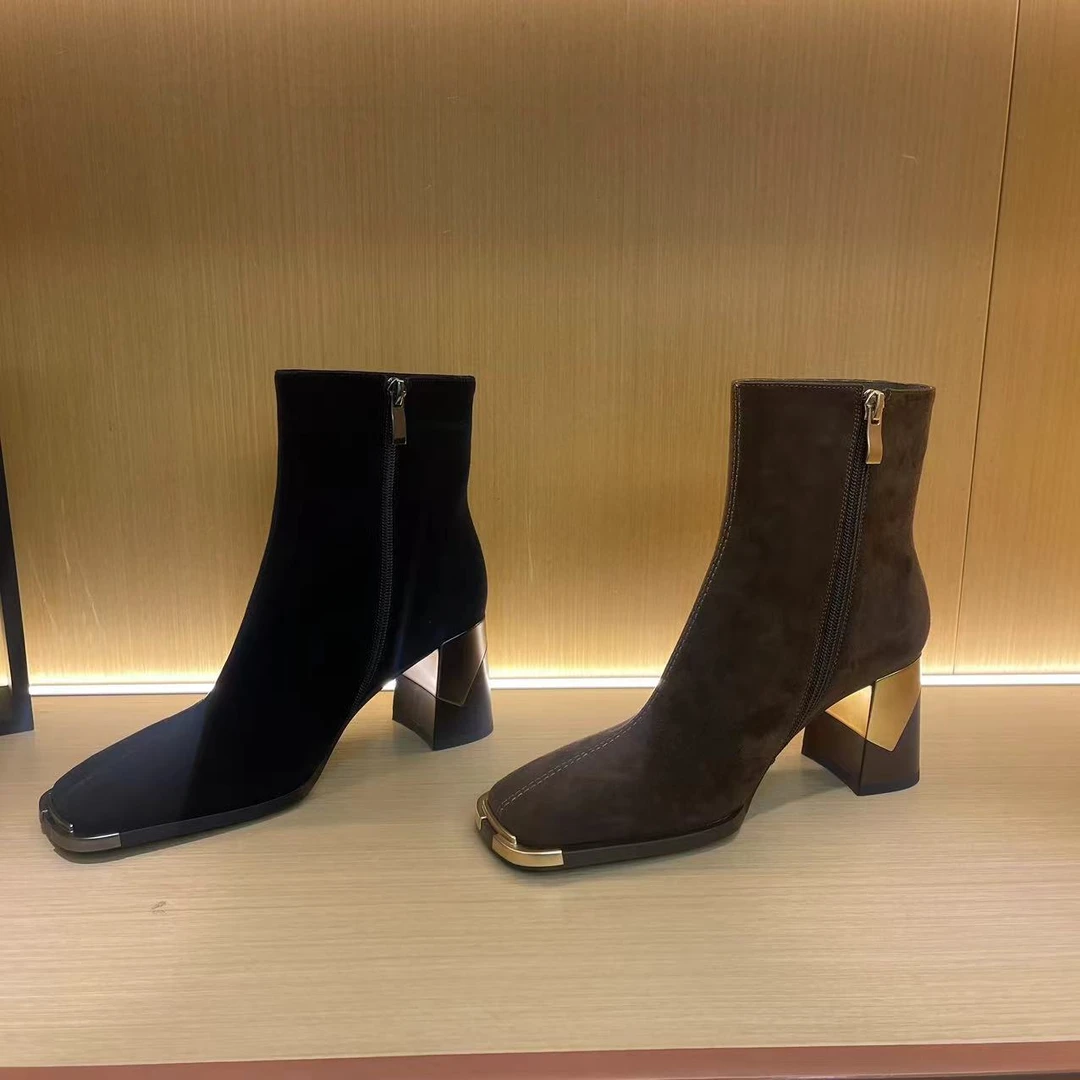 819方头高跟秋冬气质时尚百搭短靴女鞋【6CM]