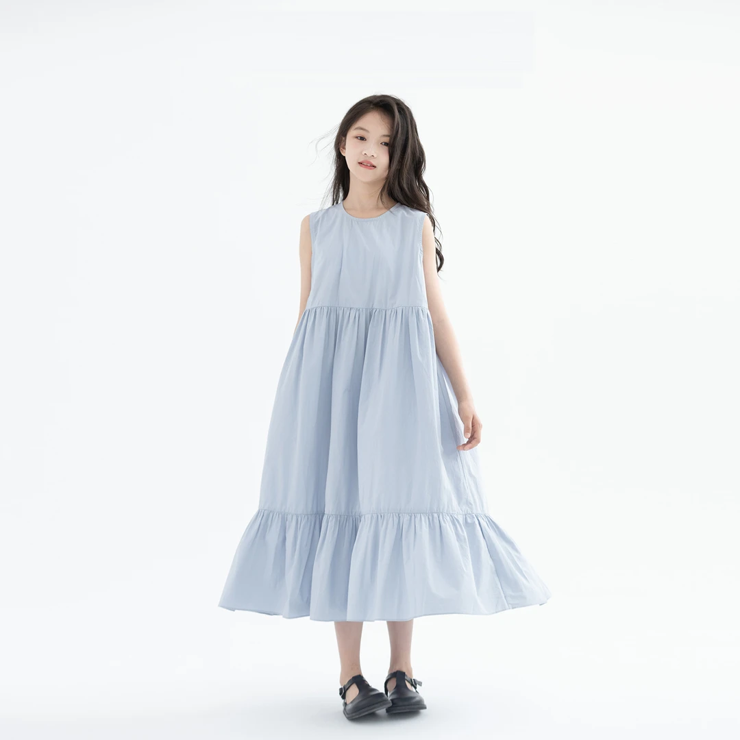 2025新款夏装baby蓝全棉无袖连衣裙女童气质度假风大裙摆裙子韩版