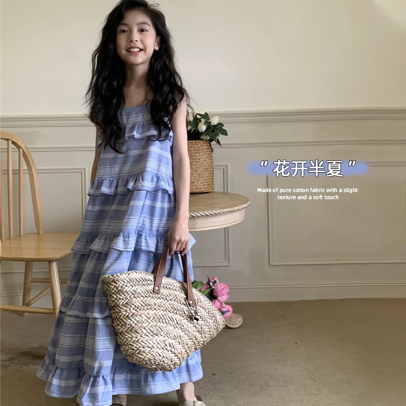 女童韩版连衣裙25夏季新款儿童淑女吊带格子裙度假风中大童长裙子