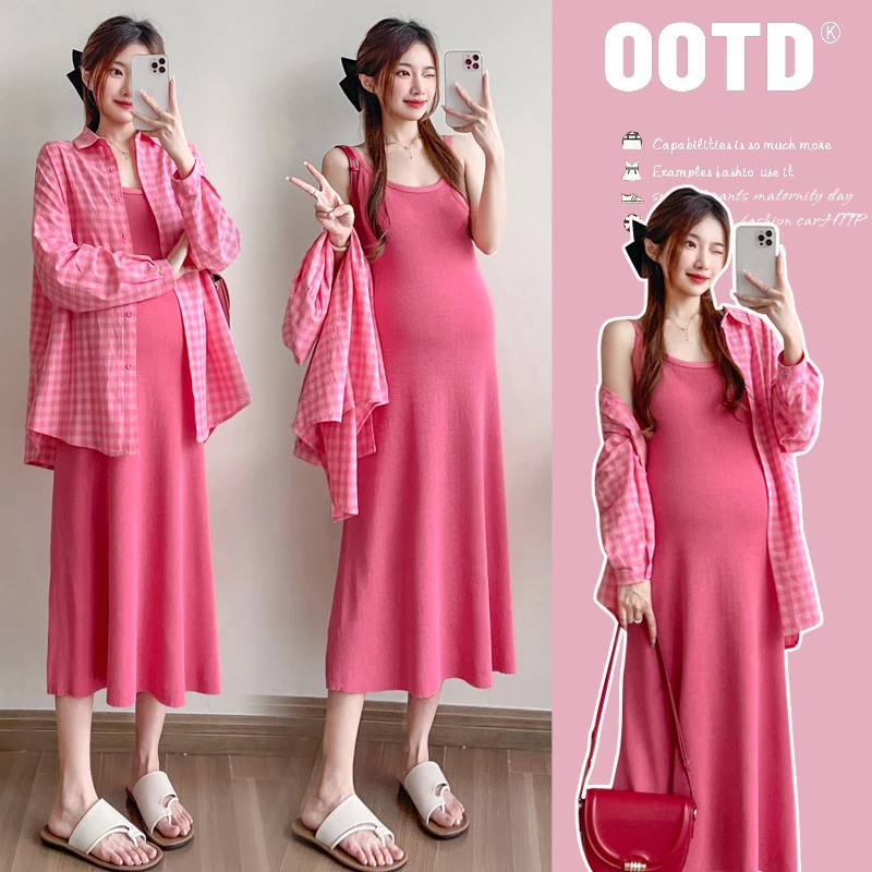 YNVO时尚 2025春季孕妈设计感格子长袖衬衣＋针织吊带裙网红爆款