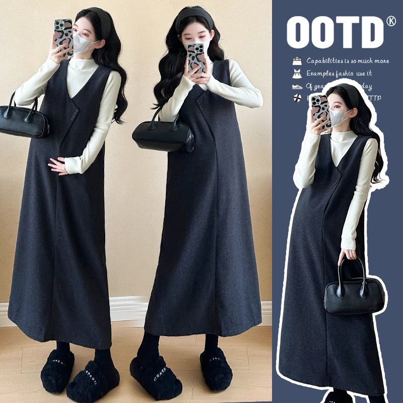 YNVO孕妇时尚小个子显瘦秋冬加厚毛衣+毛呢背心裙套装