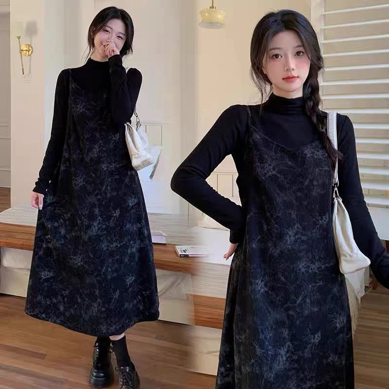 小个子时尚秋冬复古晕染中长款显瘦孕妇吊带裙+打底衫