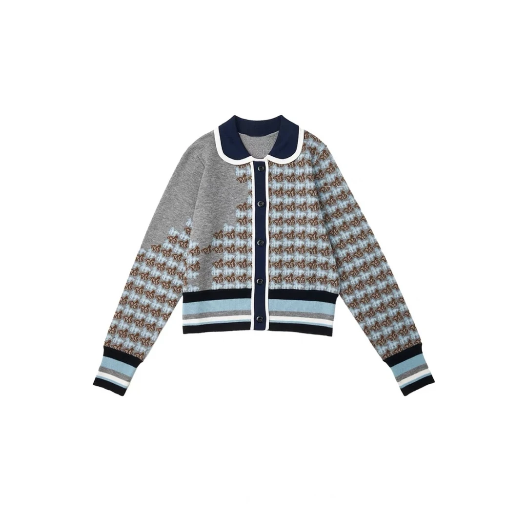 【千鸟蓝格】早秋开衫女2024春秋外穿芝麻点提花针织衫长袖上衣女