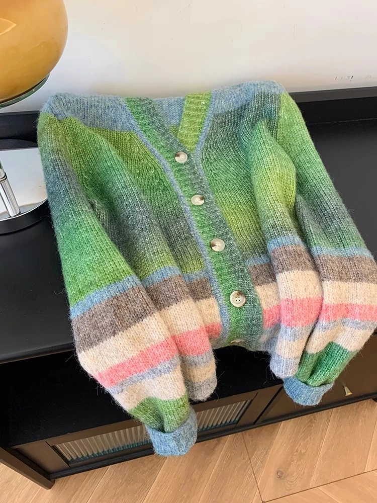 【挪威森林】绿色v领松弛感条纹开衫毛衣外套小个子慵懒风高级感