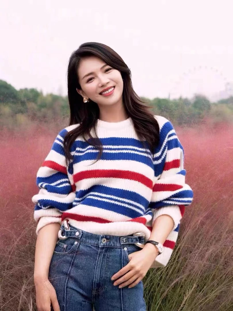 【海礁】明星章若楠刘涛同款彩色条纹毛衣女慵懒风打底针织上衣