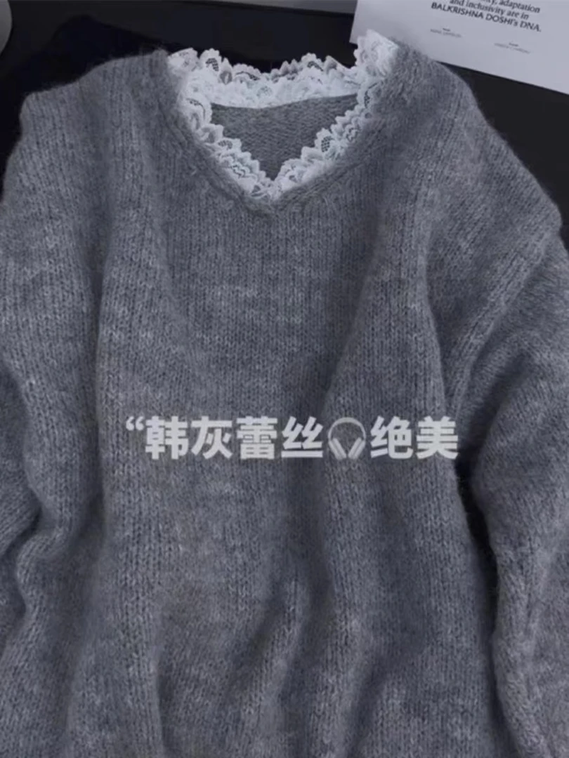 【浪花朵朵】V领蕾丝边时尚百搭套头毛衣早秋百搭慵懒风上衣.Y6958