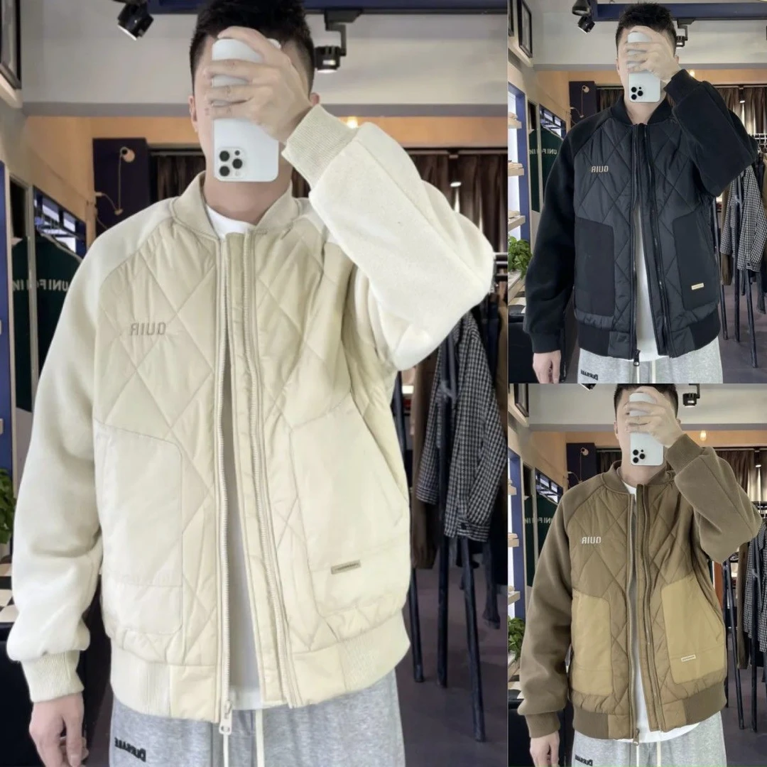 秋冬颗粒绒拼接棒球棉服男士宽松百搭潮菱格夹克加厚保暖棉袄外套
