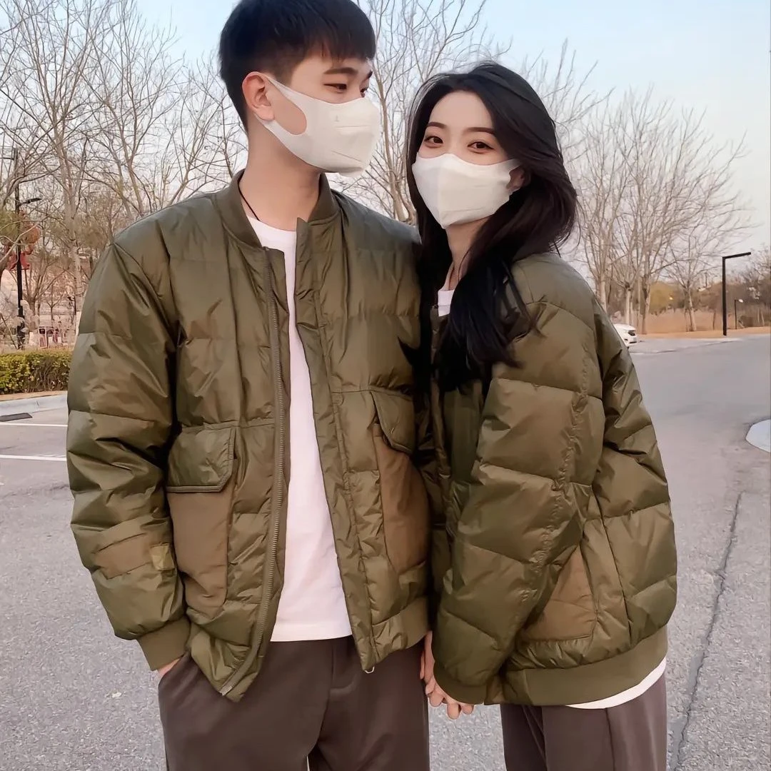 2023年新款情侣轻薄羽绒服冬季网红痞帅潮牌白鸭绒外套男工装棒球