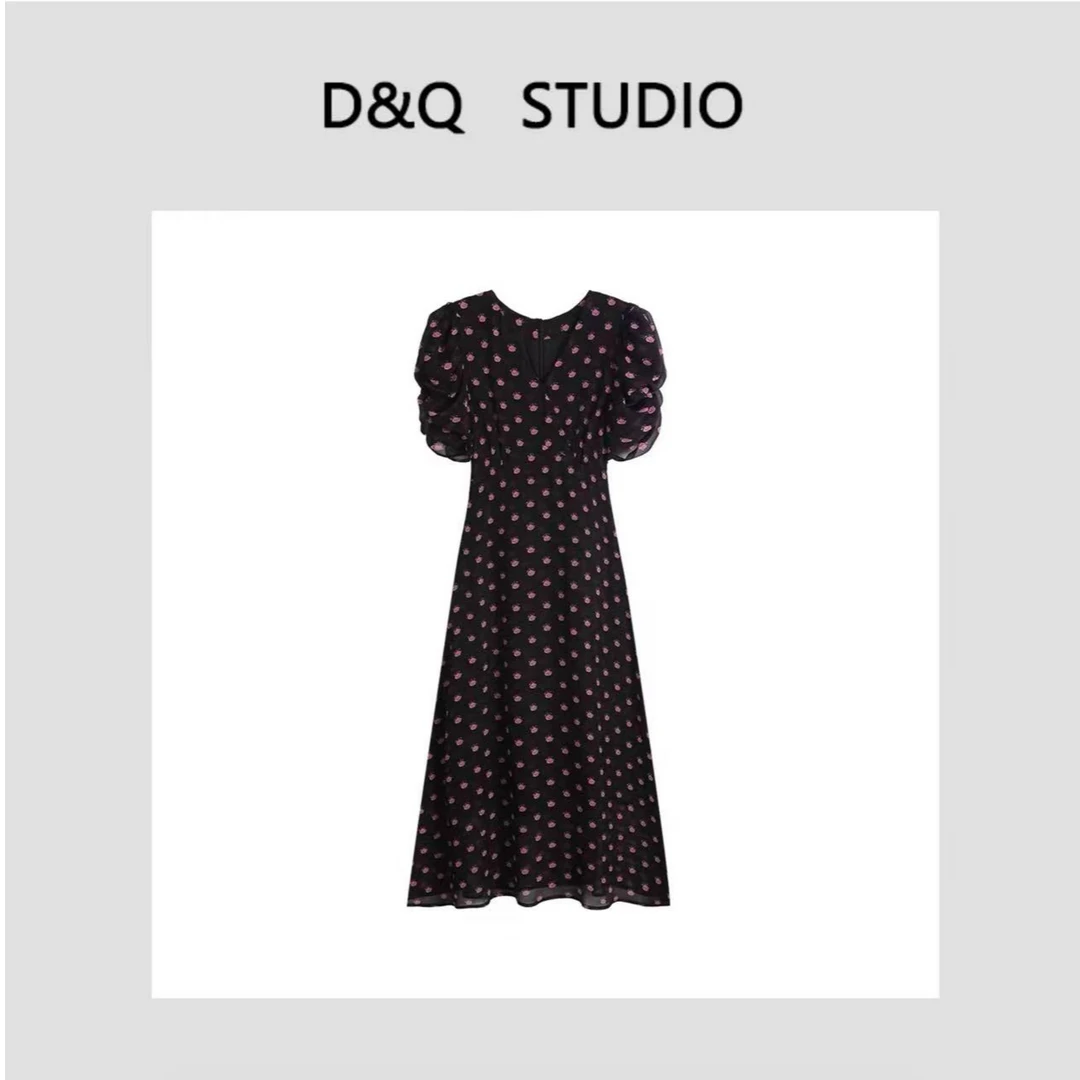 【D&Q STUDIO 】新款碎花V领收腰显瘦连衣裙