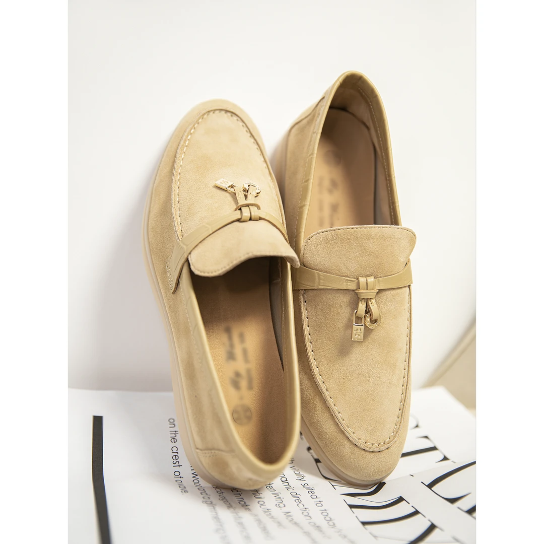 嫚渡羊猄皮杏色低帮乐福鞋  休闲复古气质百搭纯色平底低帮乐福鞋